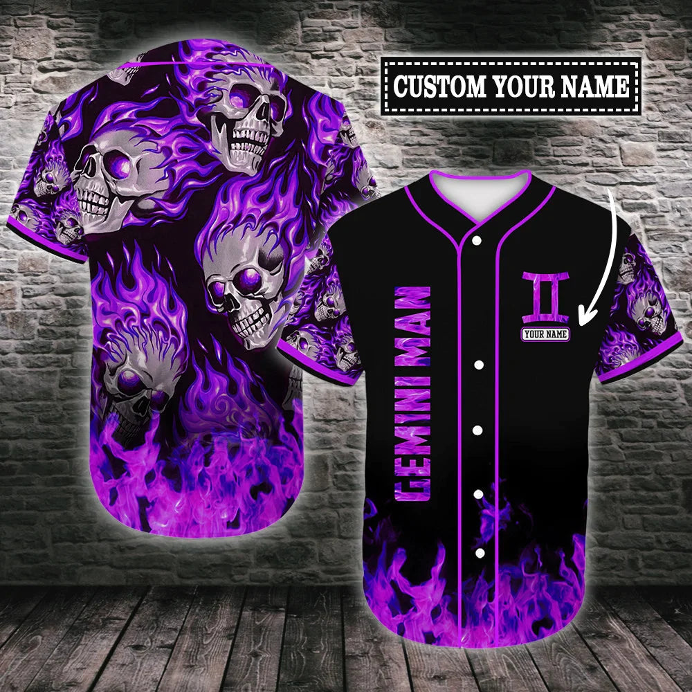 Football Jersey With Slim Fit-Basketball Jersey With Slim Fit-Baseball Jersey For Corporate Teams-Personalized Custom Name Multi Color Gemini Skull Flame Baseball Tee Jersey Shirt