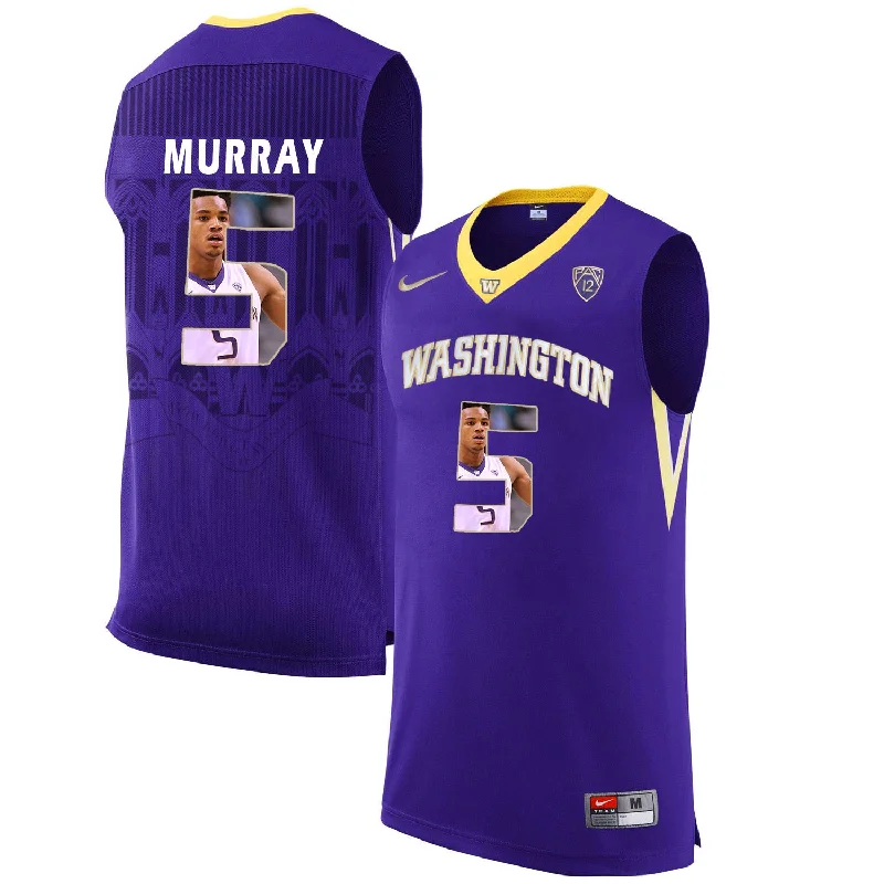 Basketball Jersey With Number Print-Washington Huskies 5 Dejounte Murray Purple With Portait College Basketball Basketball Jersey