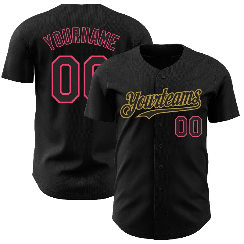 Football Jersey With Bold Prints-Basketball Jersey With Bold Prints-Baseball Jersey For Sports Events-Custom Black Neon Pink-Old Gold Authentic Baseball Jersey