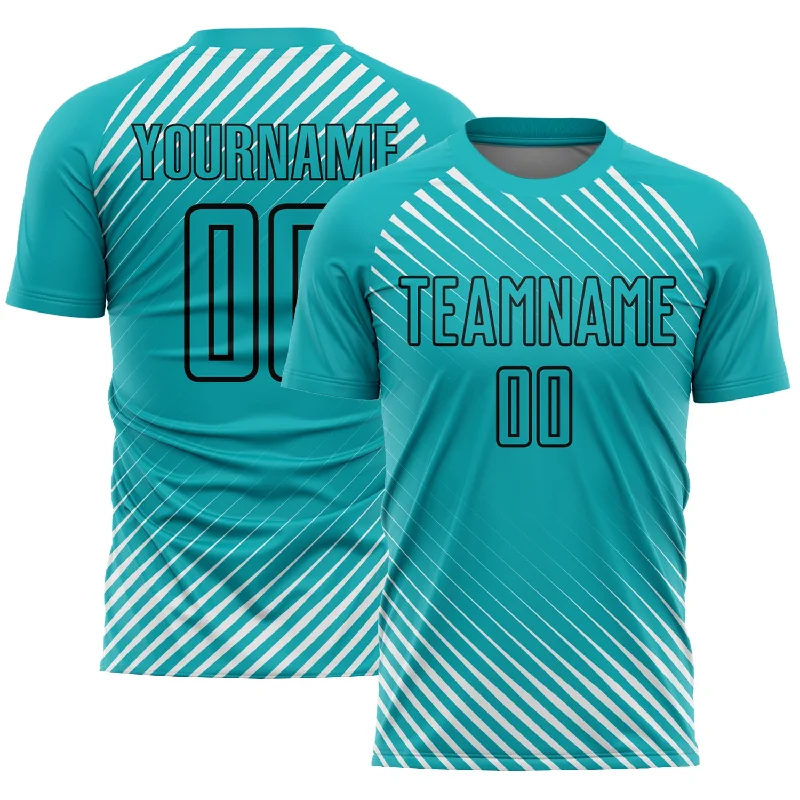 Football Jersey For Seasoned Players-Custom Aqua Black Diagonal Lines Sublimation Soccer Uniform Jersey