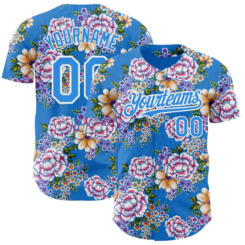 Football Jersey With Loose Fit-Basketball Jersey With Loose Fit-Baseball Jersey With Space Theme-Custom Electric Blue White 3D Pattern Design Northeast China Big Flower Authentic Baseball Jersey