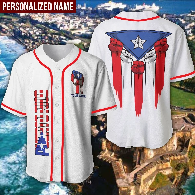 Football Jersey With Team Name-Basketball Jersey With Team Name-Baseball Jersey With Cloud Pattern-Puerto Rico Hand Raising Flag Personalized Baseball Jersey