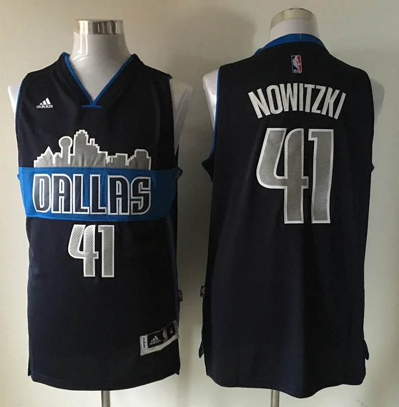 Basketball Jersey For Summer Tournaments-Mavericks 41 Dirk Nowitzki Navy Blue Cityscape Swingman Basketball Jersey