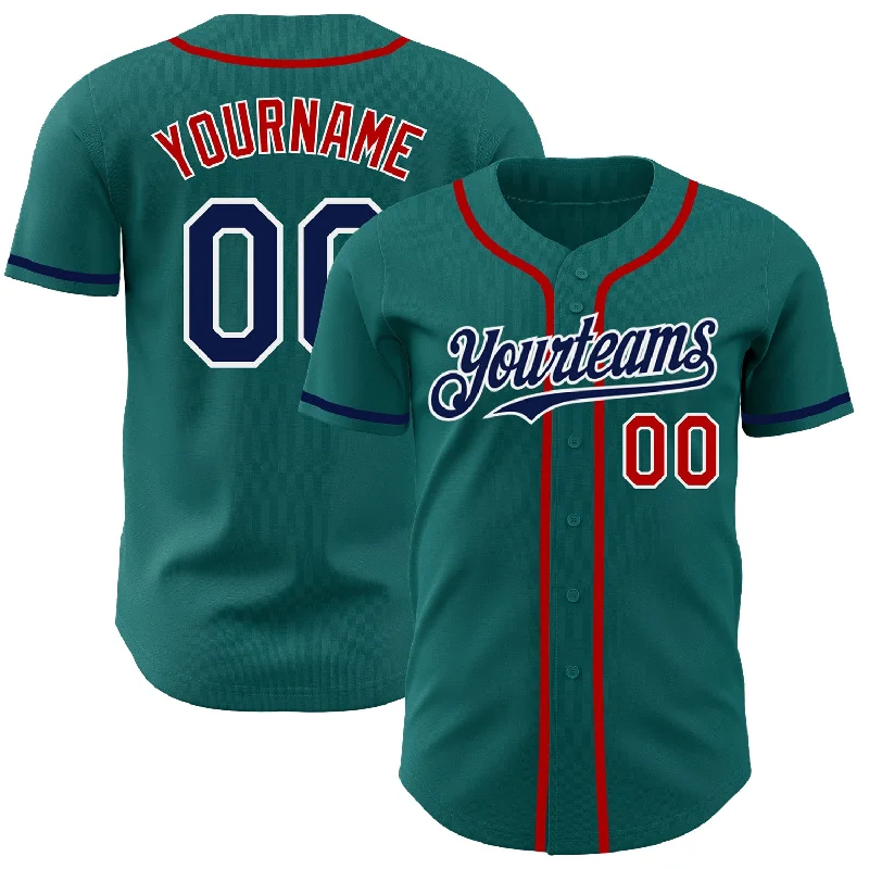 Football Jersey With Embroidered Lettering-Basketball Jersey With Embroidered Lettering-Baseball Jersey With Animal Print-Custom Teal Navy-Red Authentic Baseball Jersey