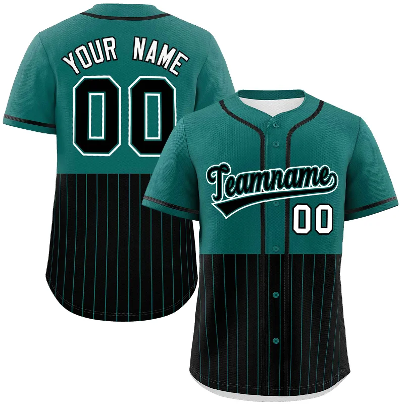 Football Jersey With Team Motto-Basketball Jersey With Inspirational Graphics-Baseball Jersey With Inspirational Graphics-Custom Aqua Black Personalized Half Stripe Design Authentic Baseball Jersey