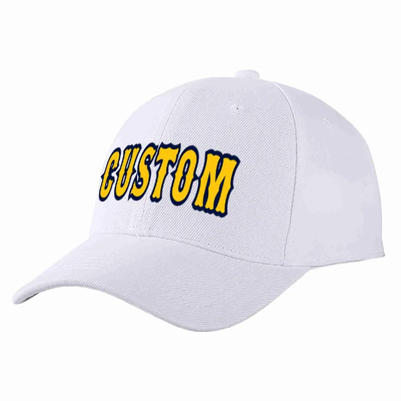 Personalized Baseball Cap-Custom White Yellow-Navy Curved Eaves Sport Baseball Cap Design for Men/Women/Youth