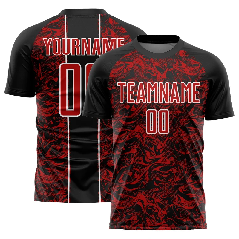 Football Jersey For National Teams-Custom Black Red-White Abstract Fluid Sublimation Soccer Uniform Jersey