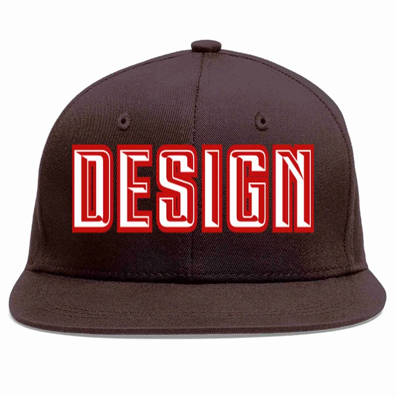 Breathable Baseball Cap-Custom Brown White-Red Flat Eaves Sport Baseball Cap Design for Men/Women/Youth