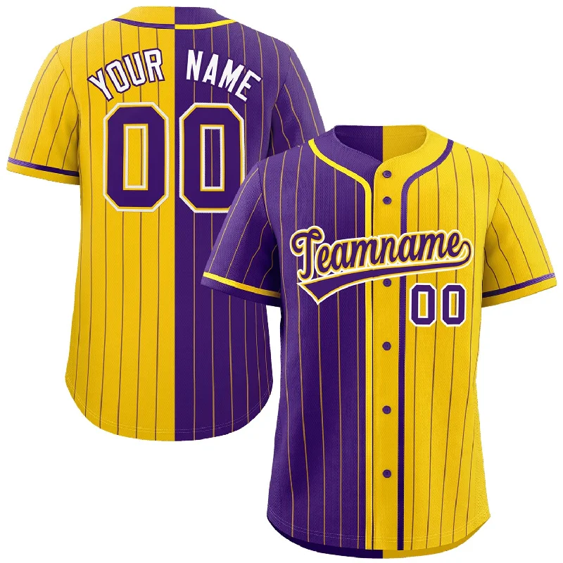 Football Jersey With Round Neck Design-Basketball Jersey With Round Neck Design-Baseball Jersey For Training-Custom Purple Gold Two Tone Striped Fashion Authentic Baseball Jersey