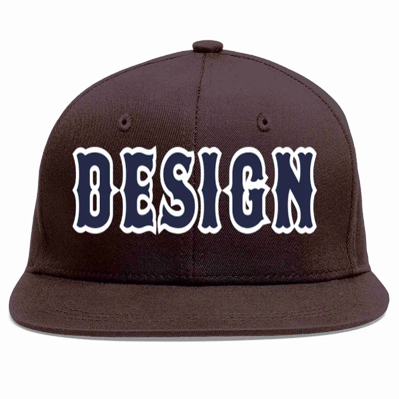 Baseball Cap For Sports Fans-Custom Brown Navy-White Flat Eaves Sport Baseball Cap Design for Men/Women/Youth