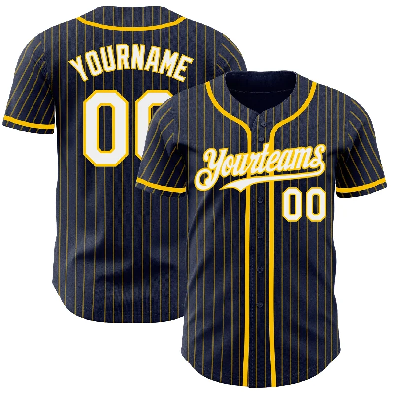 All-Star Football Jersey-All-Star Basketball Jersey-Away Baseball Jersey-Custom Navy Yellow Pinstripe White Authentic Baseball Jersey