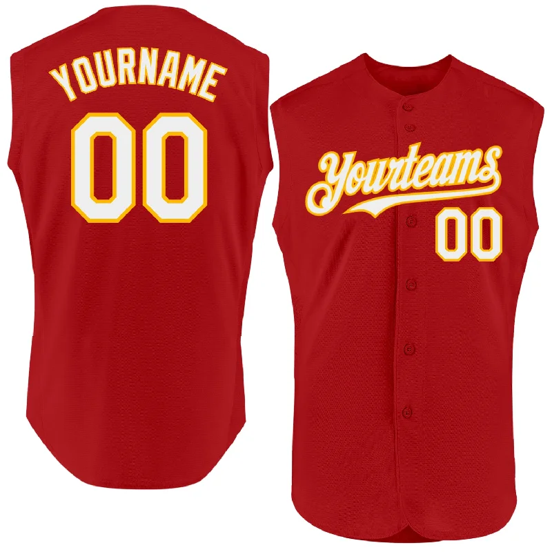 Football Jersey With Form-Fitting Design-Basketball Jersey With Form-Fitting Design-Baseball Jersey With Retro Arcade Look-Custom Red White-Gold Authentic Sleeveless Baseball Jersey