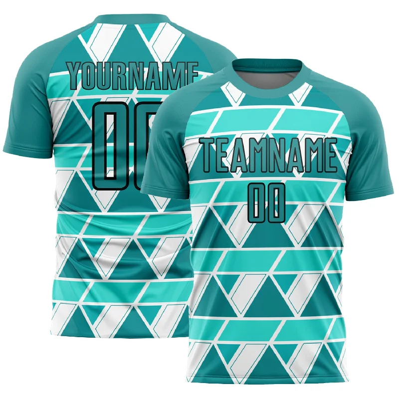 Football Jersey For Sale Near Me-Custom Teal White-Black Geometric Shapes Sublimation Soccer Uniform Jersey