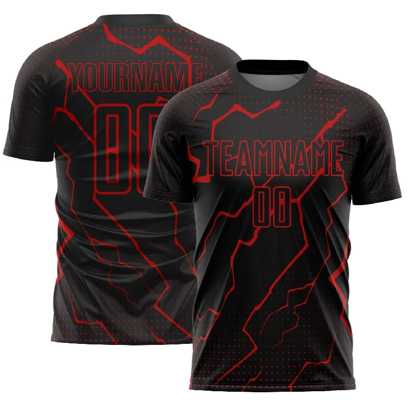 Football Jersey For Home Games-Custom Black Red Lightning Sublimation Soccer Uniform Jersey