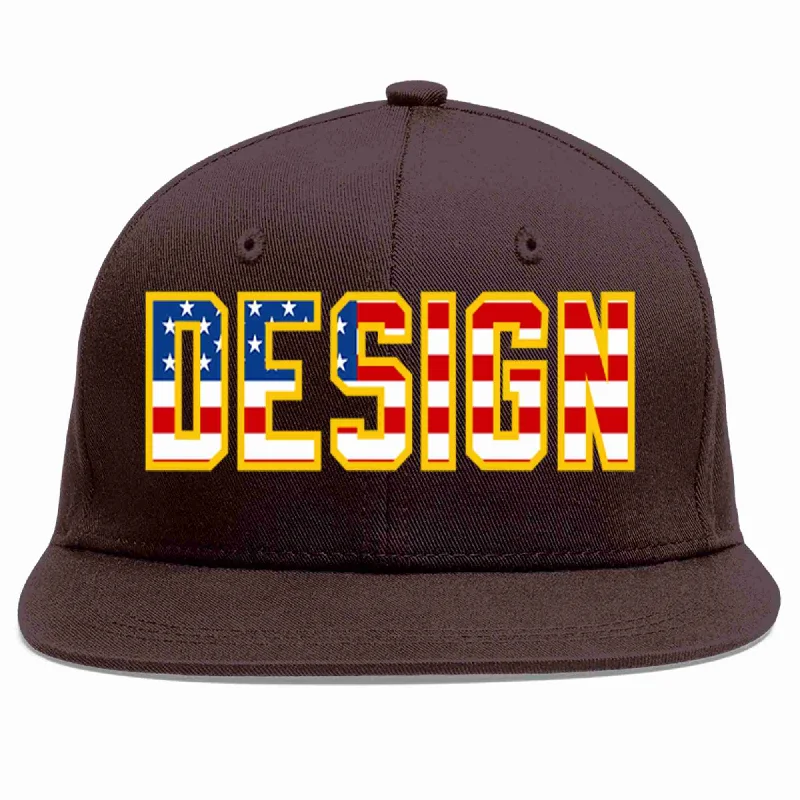 Striped Baseball Cap-Custom Brown Vintage USA Flag-Gold Flat Eaves Sport Baseball Cap Design for Men/Women/Youth