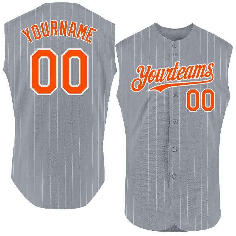 Football Jersey With Sweat-Wicking Technology-Basketball Jersey With Sweat-Wicking Technology-Baseball Jersey With Comic Style-Custom Gray White Pinstripe Orange Authentic Sleeveless Baseball Jersey