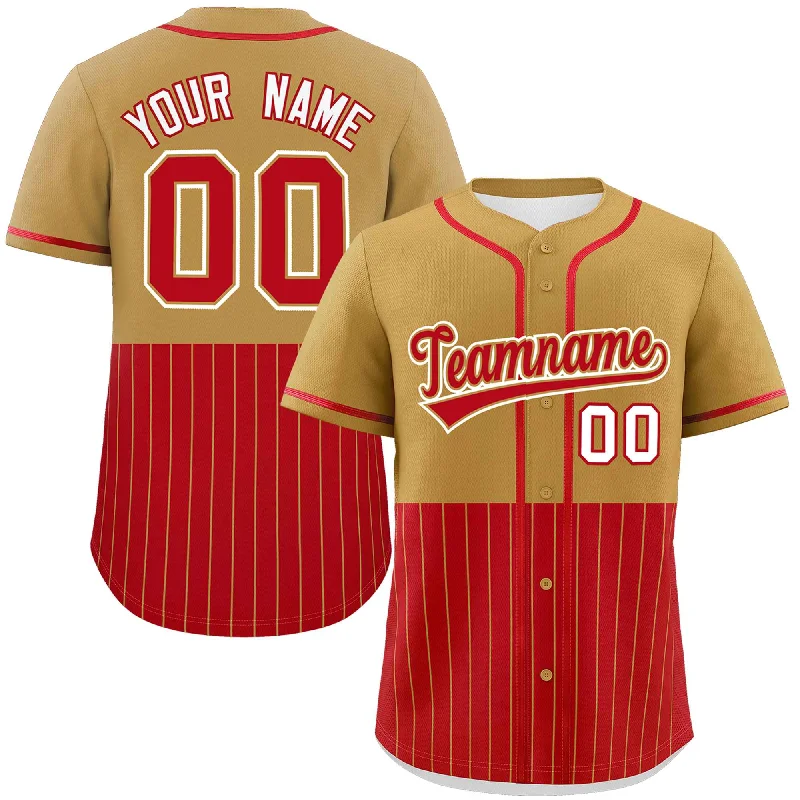 Personalized Football Jersey-Personalized Basketball Jersey-Personalized Baseball Jersey-Custom Old Gold Red Personalized Half Stripe Design Authentic Baseball Jersey