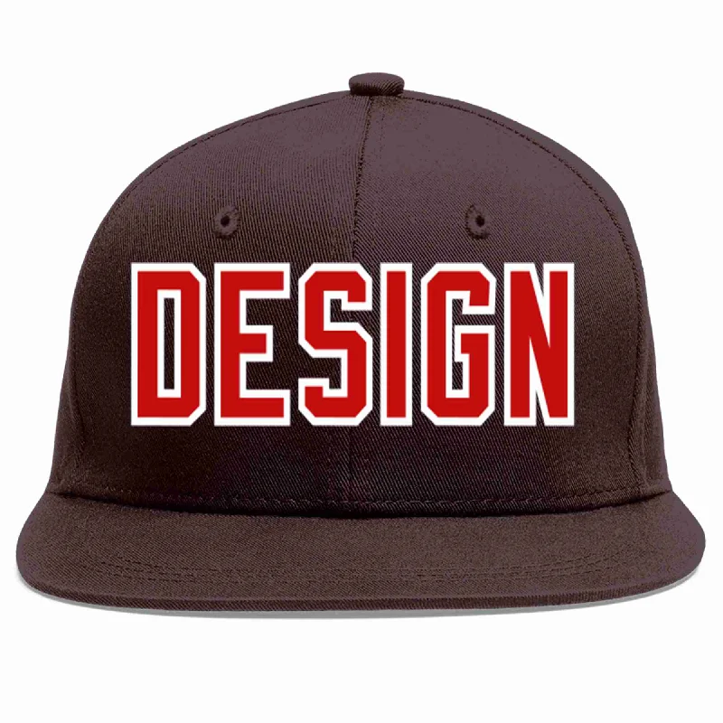 Football Baseball Cap-Custom Brown Red-White Flat Eaves Sport Baseball Cap Design for Men/Women/Youth