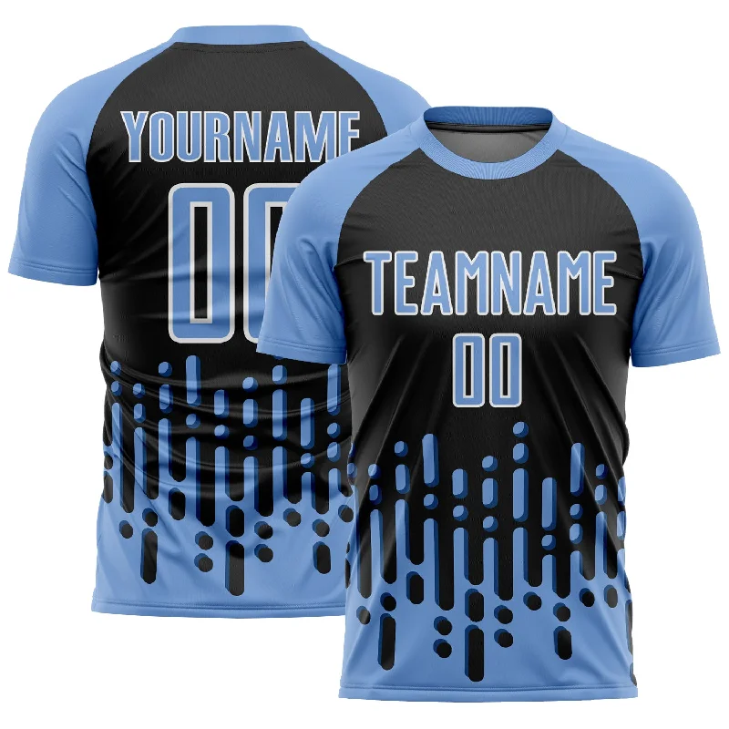 Football Jersey For The Whole Team-Custom Light Blue Black-White Abstract Fluid Wave Sublimation Soccer Uniform Jersey