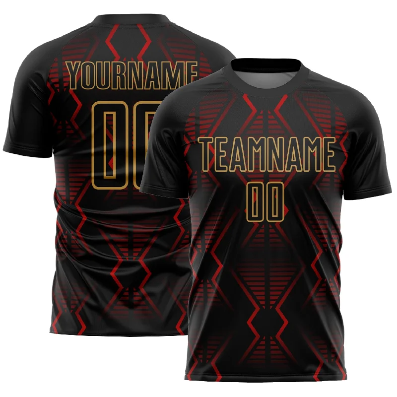 Football Jersey With Secure Fit-Custom Black Red-Old Gold Geometric Shapes Sublimation Soccer Uniform Jersey