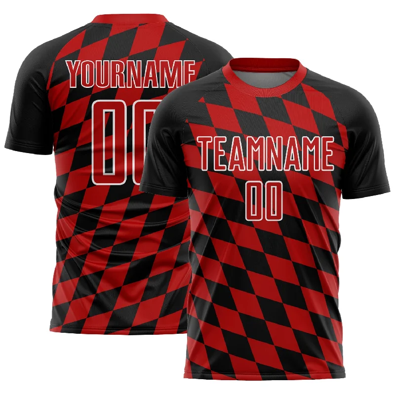 Football Jersey For Tall Men-Custom Black Red-White Rhombus Print Sublimation Soccer Uniform Jersey