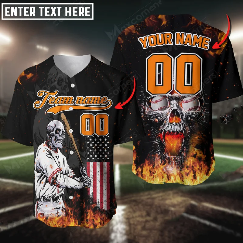 Quick-Dry Football Jersey-Quick-Dry Basketball Jersey-Eco-Friendly Baseball Jersey-Baseball Jersey Skeleton US Flag Pattern Custom 3D Baseball Shirt for Team Players