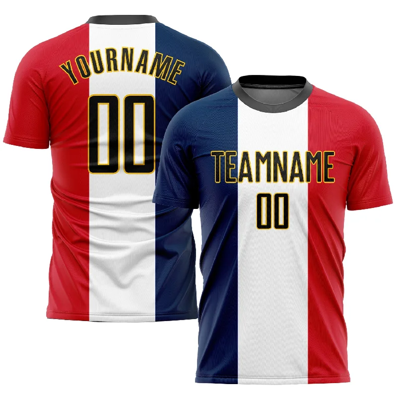 Football Jersey For Quick Drying-Custom Navy Black White Red-Gold Sublimation French Flag Soccer Uniform Jersey