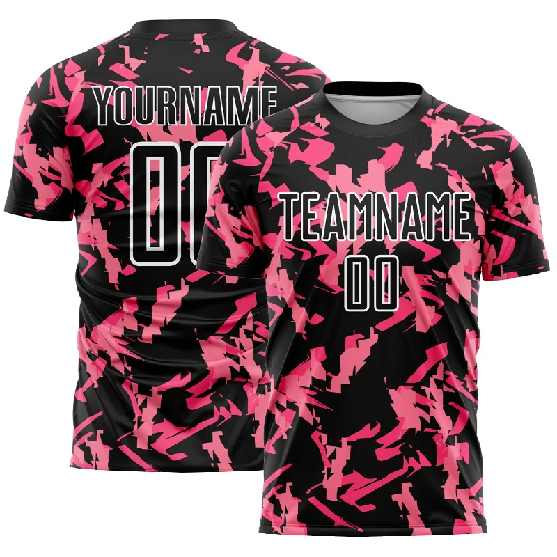 Football Jersey With Lightweight Material-Custom Black Pink-White Abstract Geometric Pattern Sublimation Soccer Uniform Jersey