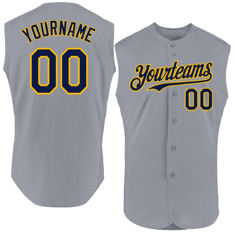 Football Jersey With Team Crest-Basketball Jersey With Team Crest-Baseball Jersey With Retro Font-Custom Gray Navy-Gold Authentic Sleeveless Baseball Jersey