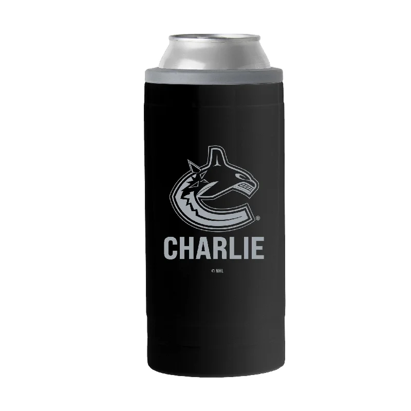 Team Mug With Raised Lettering-Vancouver Canucks Personalized 12oz Black slim Can Coolie