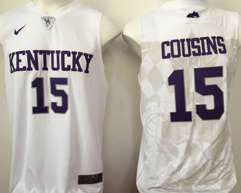 Basketball Jersey For Adult Leagues-Kentucky Wildcats 15 DeMarcus Cousins White College Basketball Basketball Jersey