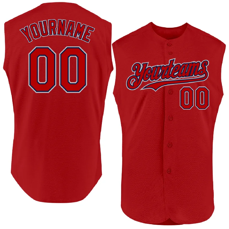 Football Jersey With Metallic Accents-Basketball Jersey With Metallic Accents-Baseball Jersey With Mesh Panels-Custom Red Navy-Gray Authentic Sleeveless Baseball Jersey