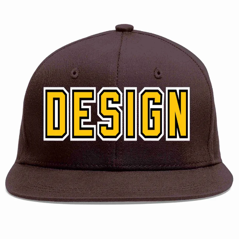 Soccer Baseball Cap-Custom Brown Gold-Black Flat Eaves Sport Baseball Cap Design for Men/Women/Youth