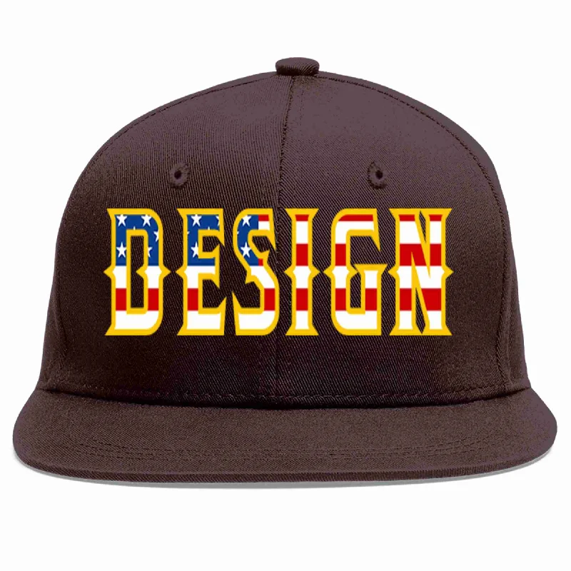 80s Baseball Cap-Custom Brown Vintage USA Flag-Gold Flat Eaves Sport Baseball Cap Design for Men/Women/Youth