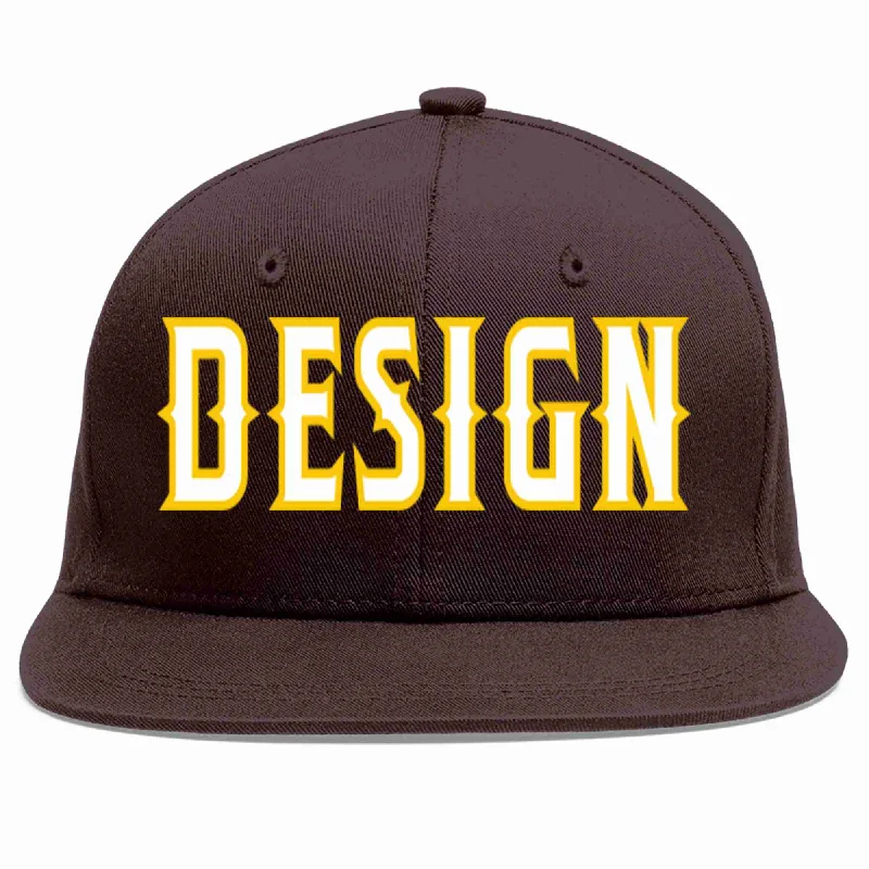 Baseball Cap For Kids-Custom Brown White-Gold Flat Eaves Sport Baseball Cap Design for Men/Women/Youth