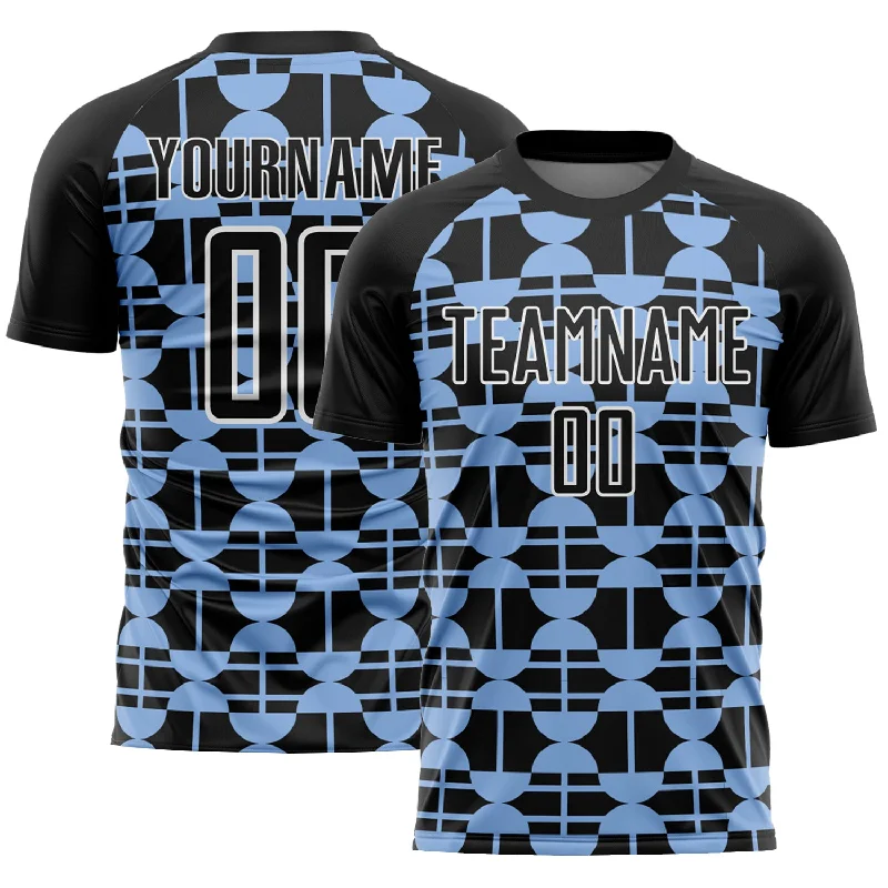 Football Jersey With Sleeves-Custom Black Light Blue-White Geometric Shapes Sublimation Soccer Uniform Jersey