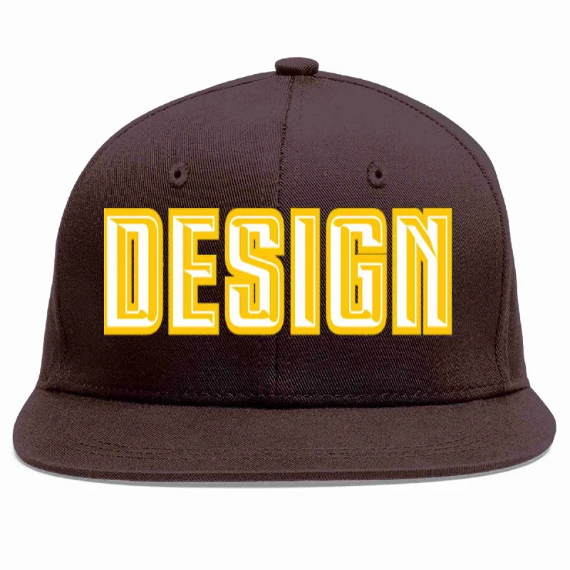 Moisture Wicking Baseball Cap-Custom Brown White-Gold Flat Eaves Sport Baseball Cap Design for Men/Women/Youth