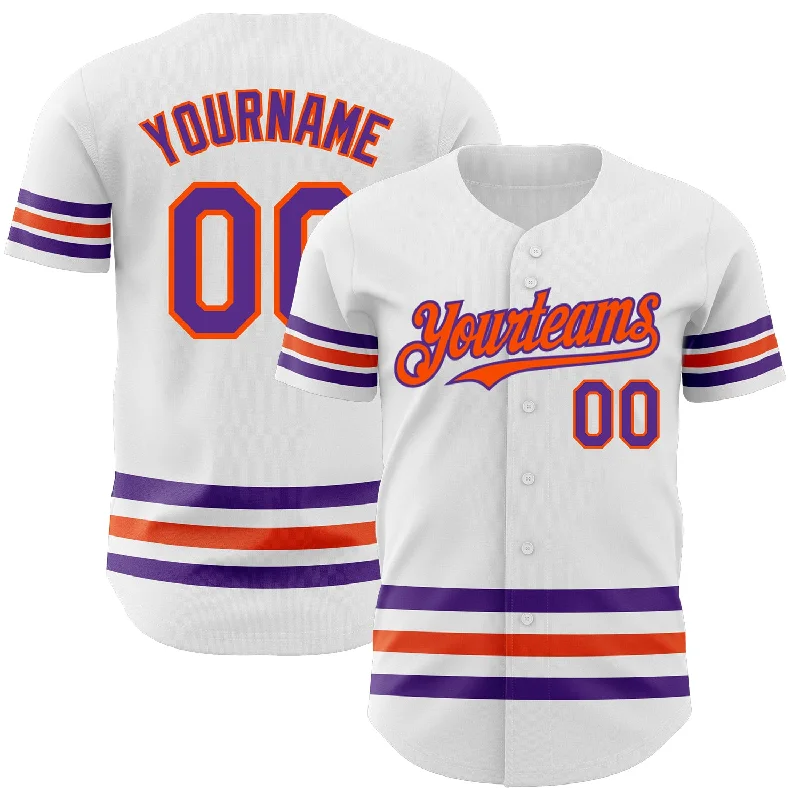 Football Jersey With Slim Fit-Basketball Jersey With Slim Fit-Baseball Jersey For Corporate Teams-Custom White Purple-Orange Line Authentic Baseball Jersey