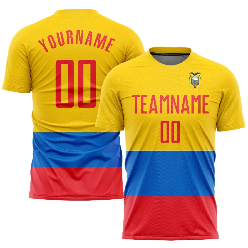 Football Jersey With V-Neck-Custom Gold Red-Royal Sublimation Ecuador Flag Soccer Uniform Jersey