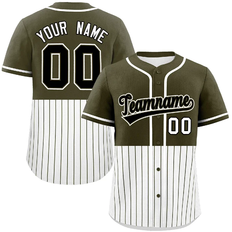 Mesh Football Jersey-Mesh Basketball Jersey-Short Sleeve Baseball Jersey-Custom Olive White Personalized Half Stripe Design Authentic Baseball Jersey