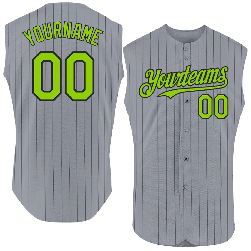 Football Jersey With Custom Print-Basketball Jersey With Fan Edition-Baseball Jersey With Home City Name-Custom Gray Black Pinstripe Neon Green Authentic Sleeveless Baseball Jersey