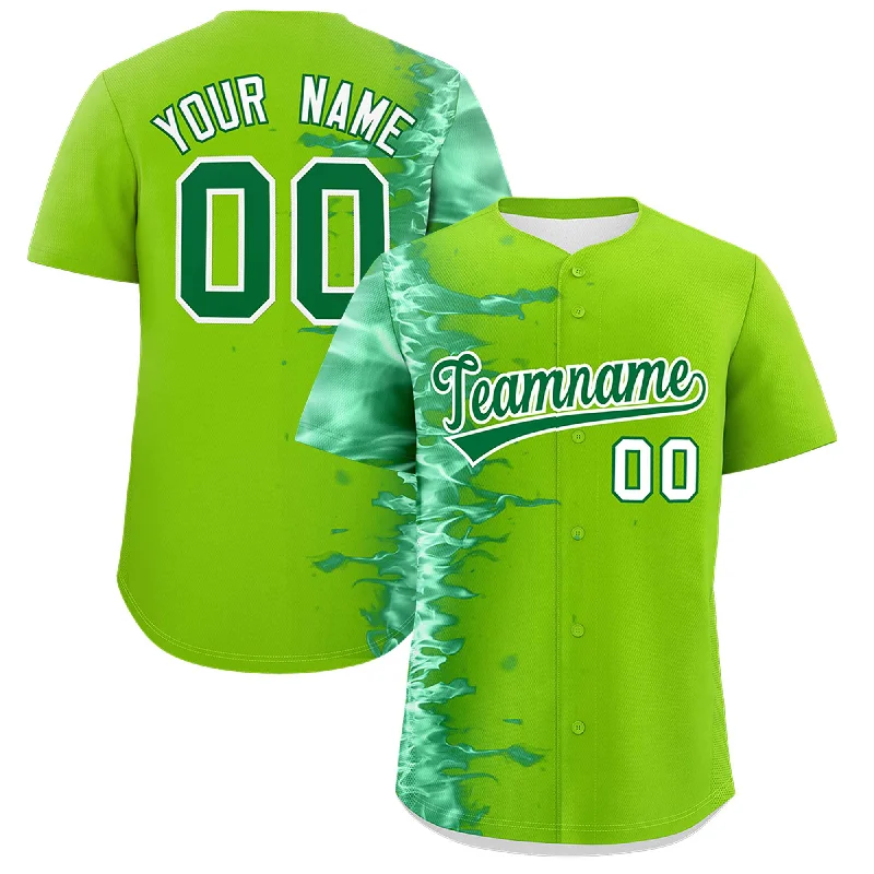 Football Jersey With Embossed Logo-Basketball Jersey With Embossed Logo-Baseball Jersey With Contrast Sleeves-Custom Neon Green Personalized 3D Flame Design Authentic Baseball Jersey