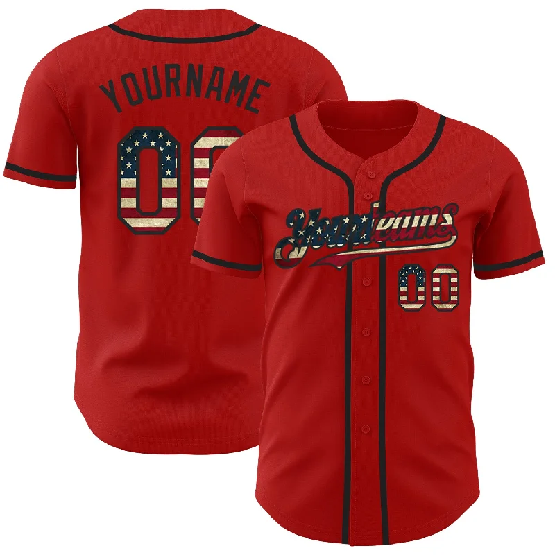 Football Jersey With Retro Font-Basketball Jersey With Retro Font-Baseball Jersey With Rainbow Print-Custom Red Vintage USA Flag-Black Authentic Baseball Jersey