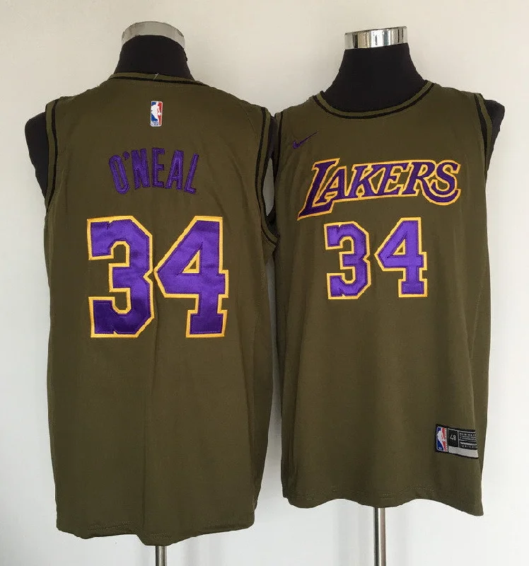 Basketball Jersey With Large Custom Prints-Lakers 34 Shaquille O'Neal Olive Swingman Basketball Jersey