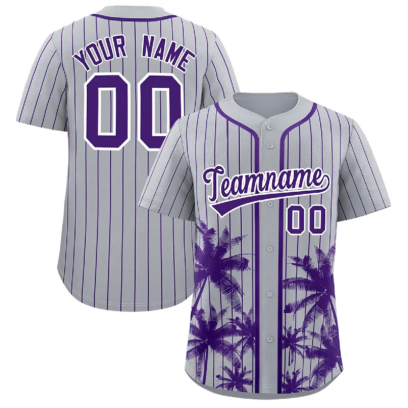 Football Jersey For Local Leagues-Basketball Jersey For Local Leagues-Baseball Jersey With Number-Custom Gray Purple Pinstripe Coconut Tree Pattern Authentic Baseball Jersey