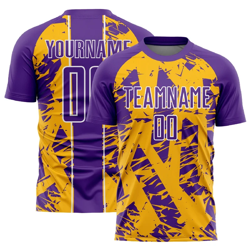 Football Jersey For College Teams-Custom Purple Gold-White Irregular Shapes Sublimation Soccer Uniform Jersey