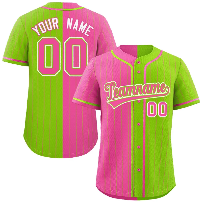 Football Jersey With Unique Artwork-Basketball Jersey With Unique Artwork-Baseball Jersey For Coaches-Custom Pink Neon Green Two Tone Striped Fashion Authentic Baseball Jersey