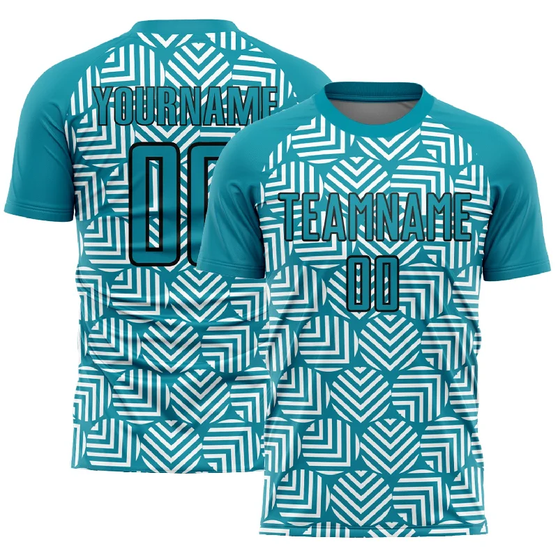 Football Jersey With High Performance Fabric-Custom Teal Black Abstract Geometric Shapes Sublimation Soccer Uniform Jersey