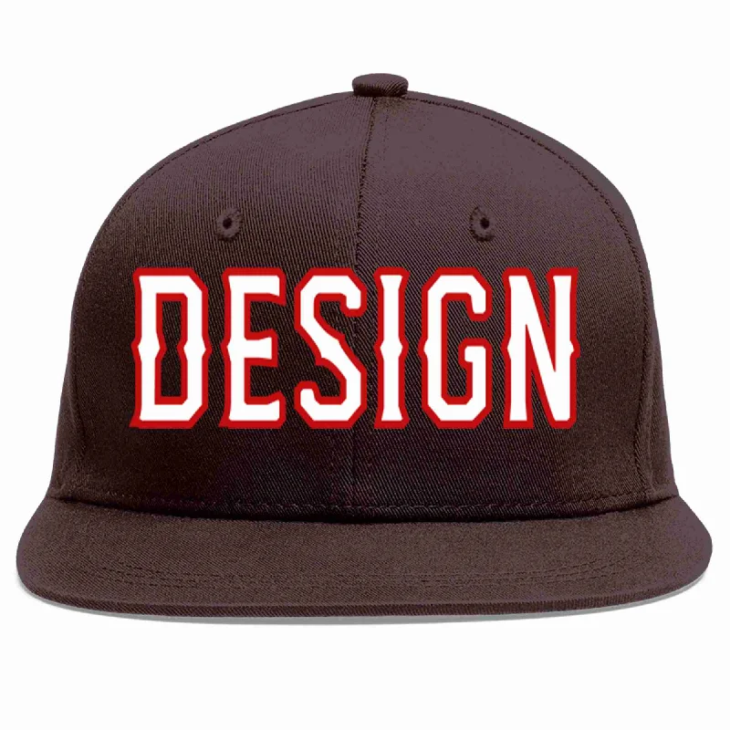 Foldable Baseball Cap-Custom Brown White-Red Flat Eaves Sport Baseball Cap Design for Men/Women/Youth