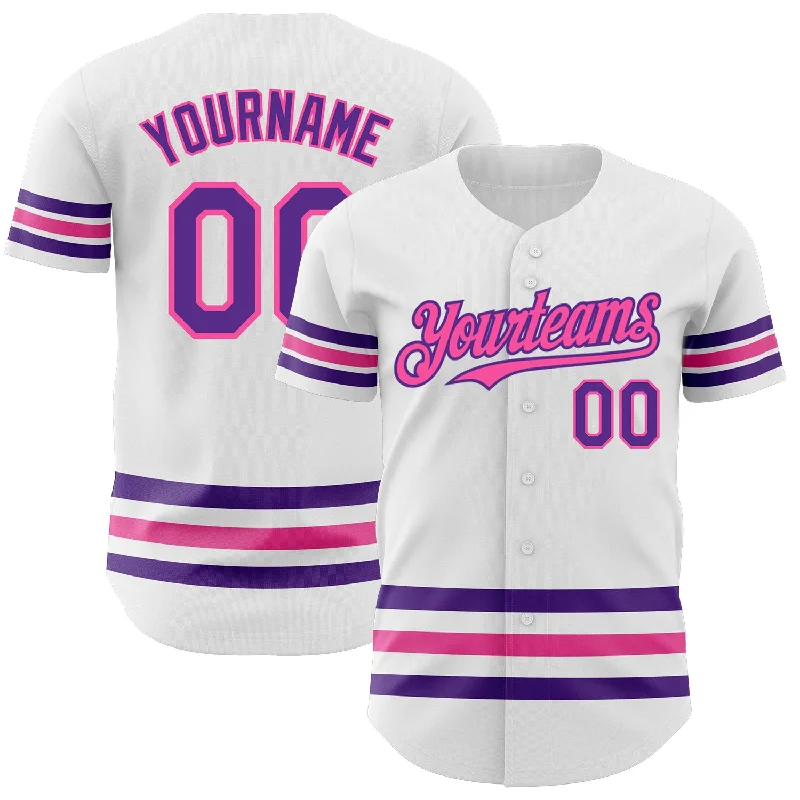 Football Jersey With Round Neck Design-Basketball Jersey With Round Neck Design-Baseball Jersey For Training-Custom White Purple-Pink Line Authentic Baseball Jersey